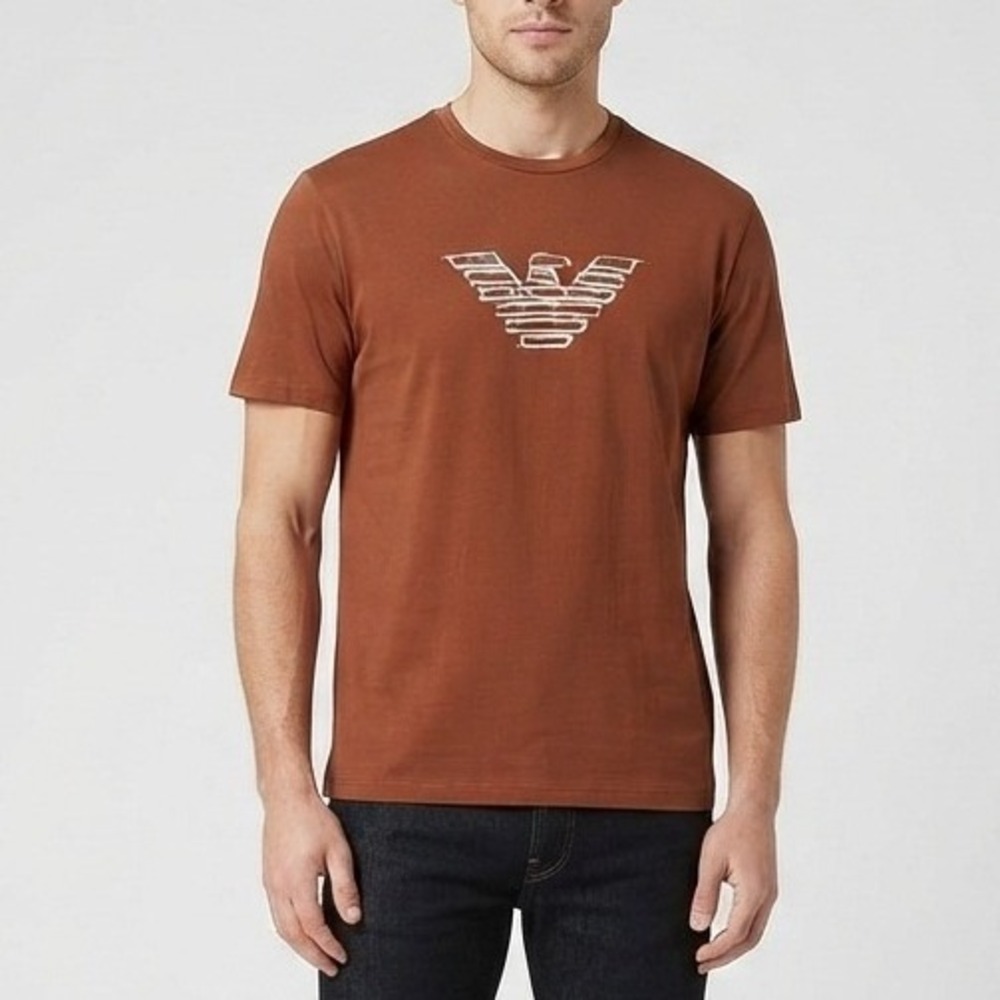 Emporio Armani Mens XXL Brown Graphic Eagle Logo Short Sleeve T-Shirt Crew Neck